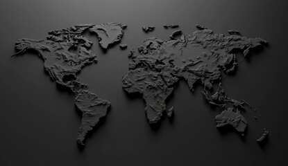 A detailed, 3D world map, rendered in deep, dark gray.  The textured continents and landmasses exhibit relief, creating a sense of depth and topography