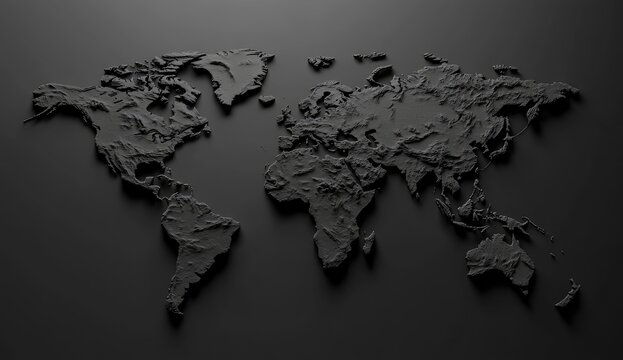 Fototapeta A detailed, 3D world map, rendered in deep, dark gray.  The textured continents and landmasses exhibit relief, creating a sense of depth and topography