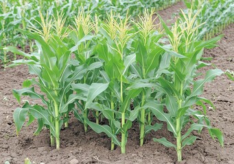 Obraz premium Young Corn Plants Growing in a Field Under Bright Sky