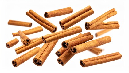 Cinnamon sticks scattered in mid-air against a white background.