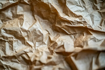 Naklejka premium Close up textured macro shot of crumpled brown paper with shadows and an abstract organic wrinkled surface.