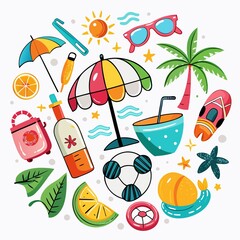 Colorful summer vacation items arranged in a circle
