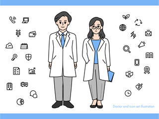 医師の男性女性のイラスト素材セットB（全身・バストアップ 感情豊かな表情＆ポーズ）