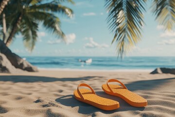 Orange flip-flops on a sandy beach.  Tropical paradise scene with palm trees and ocean