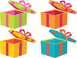Obraz premium Four colorful gift boxes with open lids and ribbons in green orange yellow and blue on white background