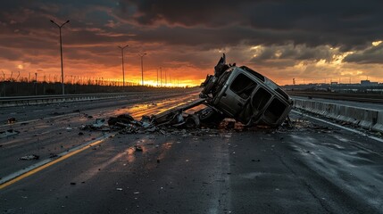 Tragic vehicle accident on highway sunset backdrop dramatic scene desolate environment intense viewpoint