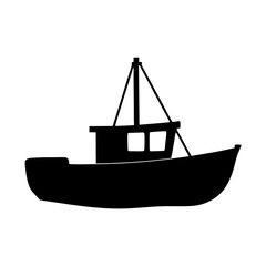 Black Fishing Boat with Cabin and Mast Icon Isolated vector illustration