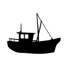 Black Fishing Boat with Cabin and Mast Icon Isolated vector illustration