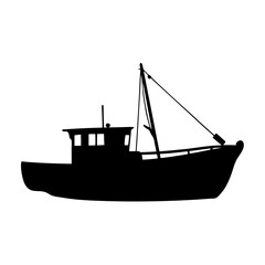Black Fishing Boat with Cabin and Mast Icon Isolated vector illustration