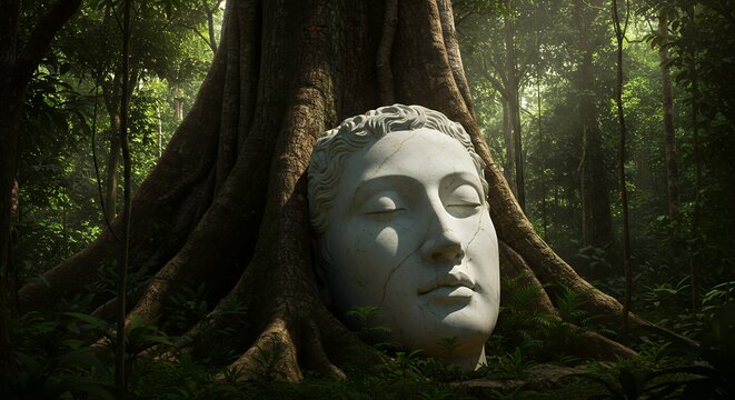 Serene statue face nestled in jungle roots, evoking mystery and tranquility.