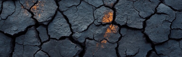 Burnt Surface of Charcoal Wood Displaying Natural Patterns and Cracks in a Dark Setting