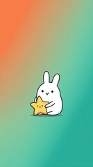 Obraz premium Adorable White Pixel Art Bunny Hugging Gold Star on Teal Orange Gradient