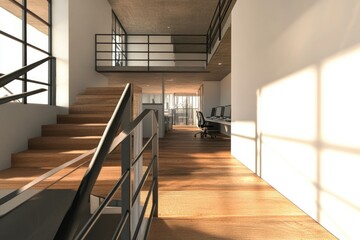 Fototapeta premium Modern open-plan office space with a mezzanine level, natural light, and wooden floors