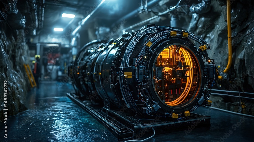 Poster innovative underwater lab exploring advanced submarine technology and futuristic design in industria