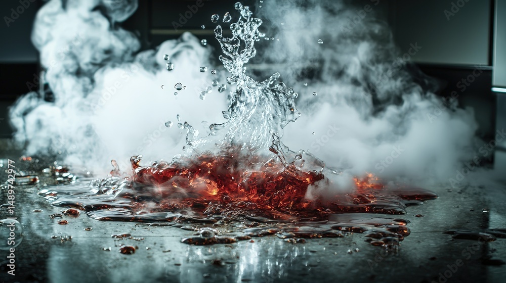 Poster explosive splash of red liquid on surface kitchen environment close-up shot dynamic chaos high energ