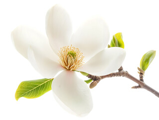 Naklejka premium Elegant White Magnolia Blossom on Branch Isolated on Transparent Background