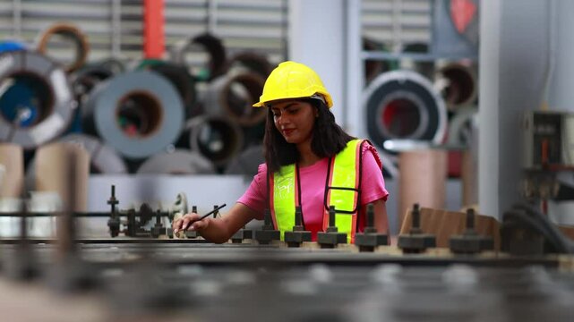 maintenance and service factory : indian female Professional Mechanical Engineer in safety hardhat Working Maintenance sheet metal roof tile roll forming machine at industrial manufacturing factory