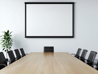 Modern Conference Room with Wooden Table and Projector Screen