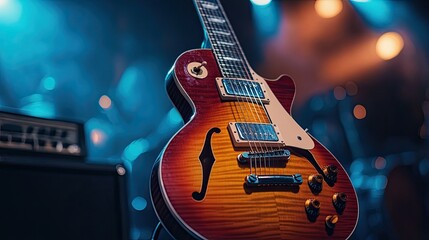 Obraz premium A sunburst electric guitar ready to ignite the stage with soulful melodies in a music concert illuminated by