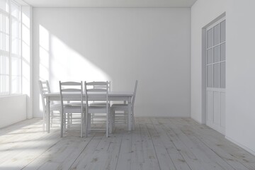 Bright, minimalist dining area. Sunlight streams into a white room with a simple wooden table and chairs