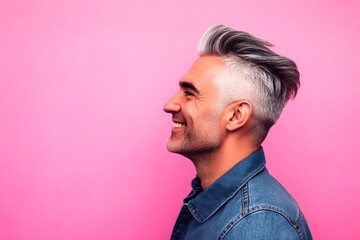 Fototapeta premium A poised man displaying elegance and charm. Elegant men's disconnected undercut haircut - midlife middle eastern man with middle hair. Pink solid background. Artwork of style for aging men.