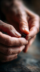 A tender moment captured as weathered hands carefully apply a healing essence, evoking warmth and care.