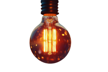 An antique Edison bulb glows warmly illuminating potential for innovative ideas on a quiet on transparent background
