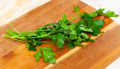 Fresh parsley on a wooden surface. Close-up image