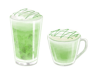 アイスとホットの抹茶ラテのイラスト グラスとガラスのマグカップ