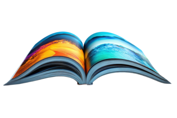 An open book invites to journeys across landscapes from fiery sunsets to serene shores and on transparent background