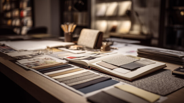 Material samples and design sketches arranged on a creative workspace in a modern interior design studio