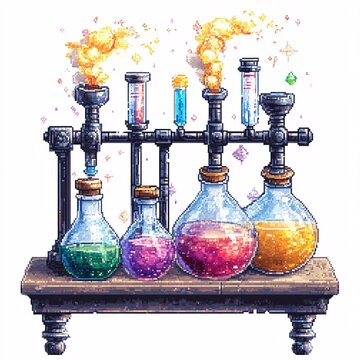 Pixel art potion mixing stand with beakers, white background