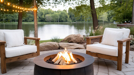 Cozy outdoor seating with fire pit by serene lake, perfect for relaxation and gatherings