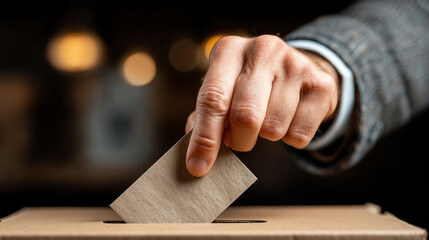 Obraz premium Casting a ballot in a voting booth during an evening election