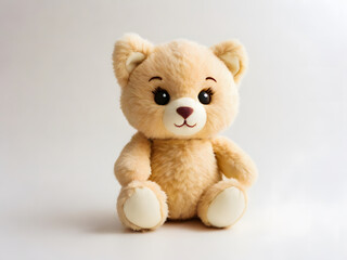 Fototapeta premium A cute and fluffy light brown teddy bear with big eyelashes sits on a white background.