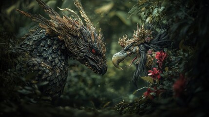 Obraz premium Epic showdown between dragon and mythical creature in lush jungle fantasy art vivid environment dramatic perspective