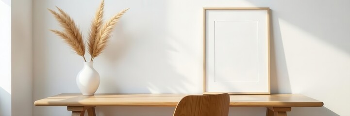 Elegant home office setup Empty picture frame on wooden desk, white vase, dry grass, Scandinavian style chair , home office, minimalist, wooden desk