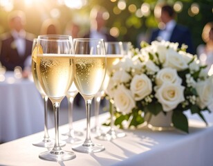 Champagne in glasses and white flowers on a white table