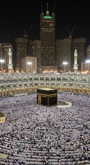 Night View of the Sacred Masjid al-Haram in Mecca, Saudi Arabia during Hajj Pilgrimage with Abraj Al-Bait Towers