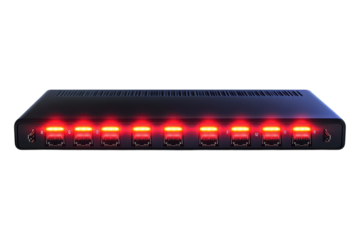 Connecting with Red Power A Sleek Network Switch Hub Illuminating Connectivity in the Digital on transparent background