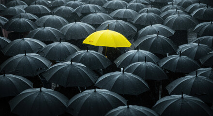 Obraz premium A vibrant yellow umbrella stands out from a sea of black umbrellas in the rain.