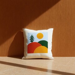 Bright painting in playful frame with backlit wooden texture wall