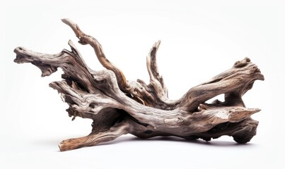 Fototapeta premium Weathered piece of driftwood with intricate curves and textures is isolated against a white background.