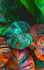 Vibrant Tropical Leaves Displaying Rich Colors And Dewdrops