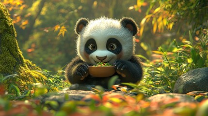Fototapeta premium 3D Rendered Panda Cub Enjoying Meal, Cute Baby Panda Eating in Natural Habitat 