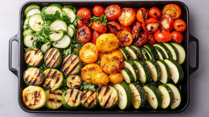 Grilled vegetable platter featuring colorful zucchini, tomatoes, and cucumbers arranged