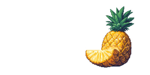 Pixelated 16-bit style image of a half-cut pineapple, blocky texture and retro game aesthetic, centered on a white background.