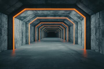 Obraz premium Neon Lit Tunnel with Concrete Walls and Dark Perspective View