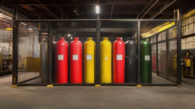 Industrial gas cylinders stored in a caged area, factory background, safety