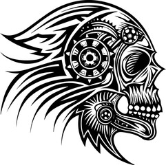 SVG illustration of a mechanical skull. Skull Design with Piston and Gear for Creative Projects